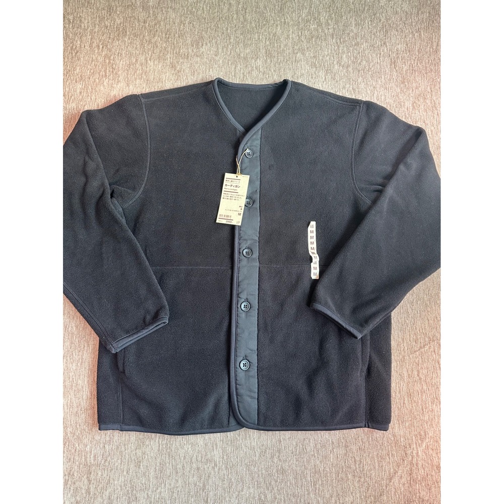 MUJI Mens Fleece Cardigan Black Button Front V-Neck Jacket Medium NEW